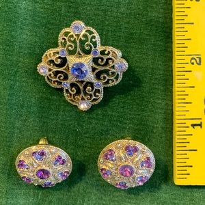 Purple stone pin and clip earring set